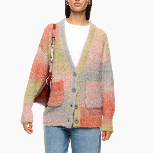 BlankNYC Orange Striped Cardigan Sweater XS Oversized Fuzzy Grandpa V-Neck $88 - Picture 1 of 11